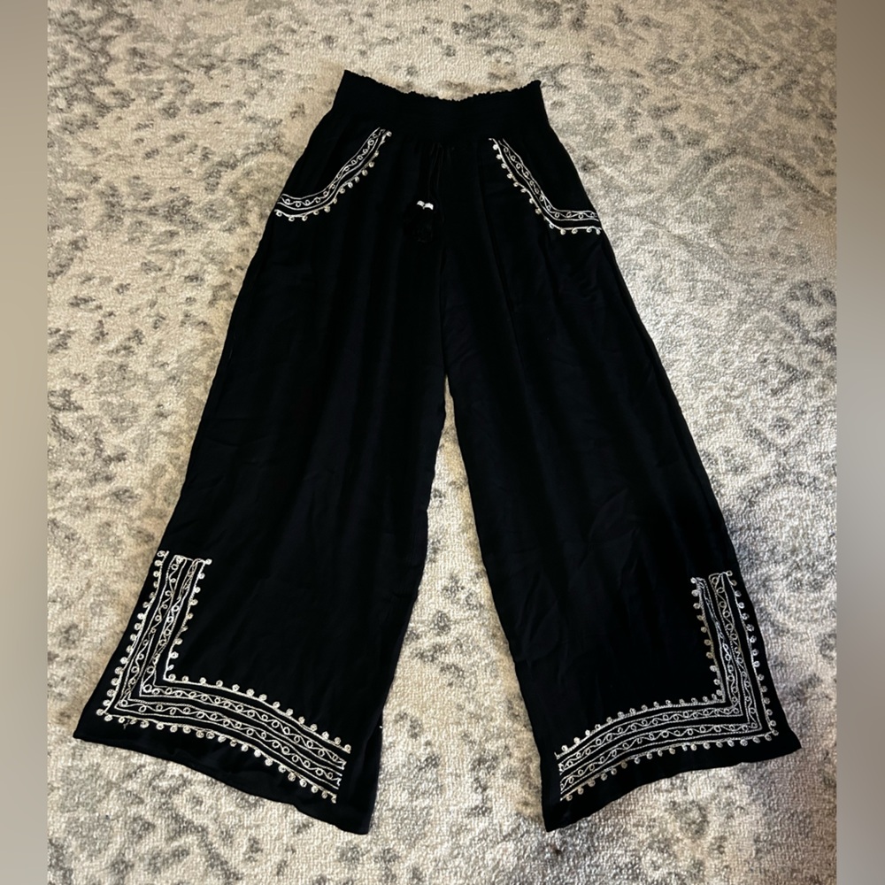 Embroidered Black Wide Leg Pants Soft Boho Summer Vacation Wear Stretchy Waist